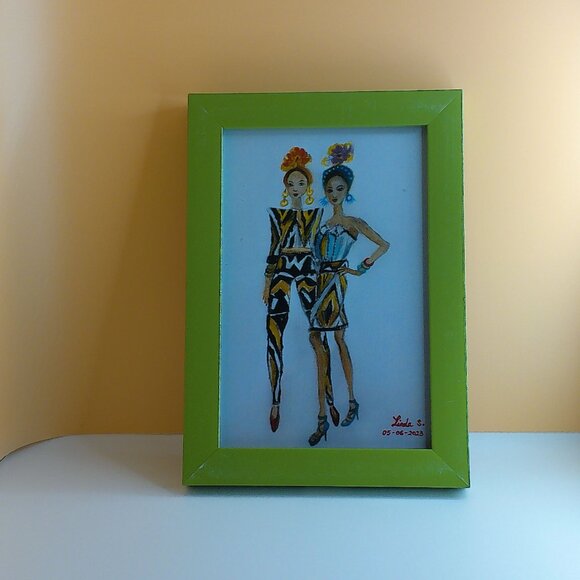Fashion Girl, 4x6 Art print within a new green wood Frame - Picture 2 of 5